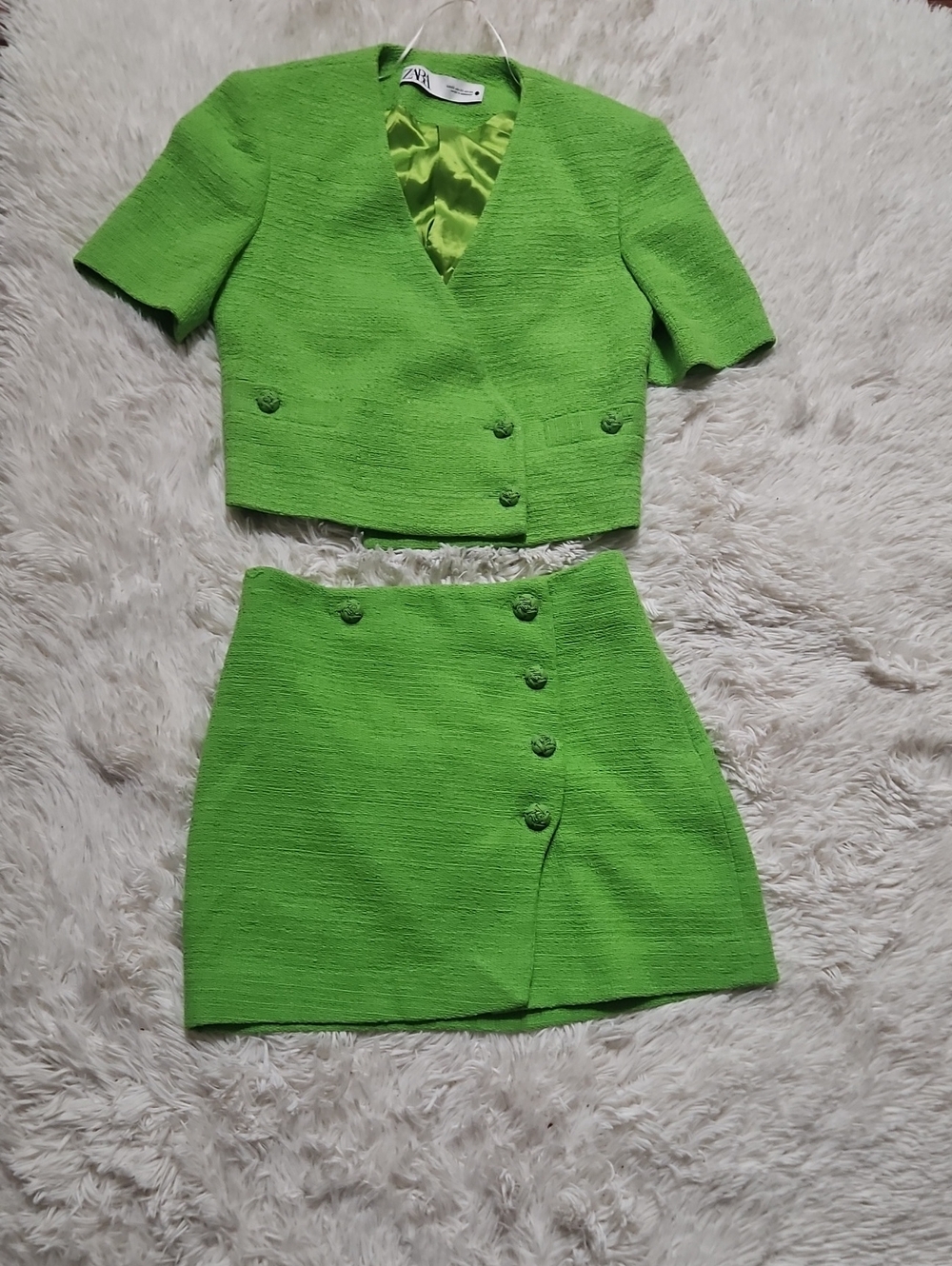Zara Bright Lime Green Textured Two-Piece Skirt Set